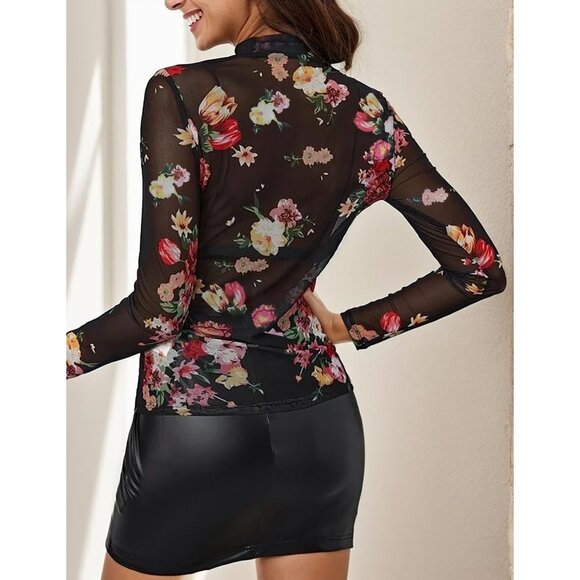 🆕 Women Black Mesh Tops Long Sleeve Mock Neck Fitted Sexy Through Tee Design - Picture 8 of 8